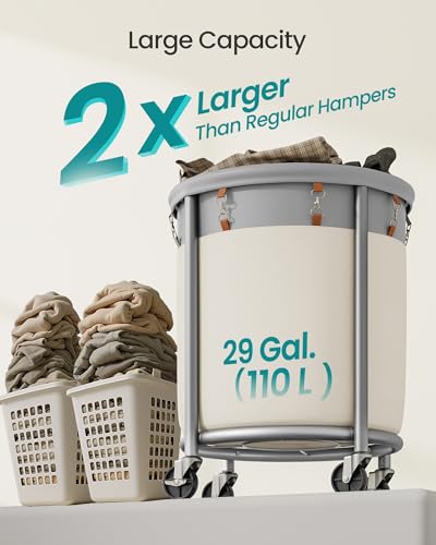 SONGMICS Laundry Basket with Wheels, 29 Gal., Steel Frame, Removable Bag - color: Dove Gray + Cream White, size: 110 L (1-Section)