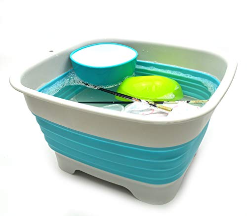 SAMMART 9.1L (2.4Gallon) Collapsible Dishpan with Draining Plug - Foldable Washing Basin - Portable Dish Washing Tub - Space Saving Kitchen Storage Tray (1, Grey/Brigt Blue) - color: Grey/Brigt Blue
