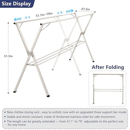 79 inches Foldable Clothes Drying Rack, Stainless Steel Indoor Outdoor Use - size: 79