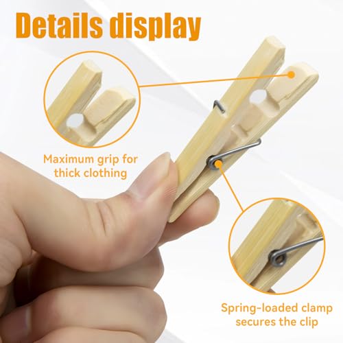 Natural Bamboo Clothespins 20-Pack Wooden Clothes Pins with Spring, 2.4 Inch Heavy Duty Rust Resistant Clips for Laundry, Crafts, Kitchen & Home Organization