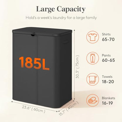 Lifewit 185L 3 Section Laundry Hamper with Lid, Laundry Basket, Black - color: Black, size: 185L