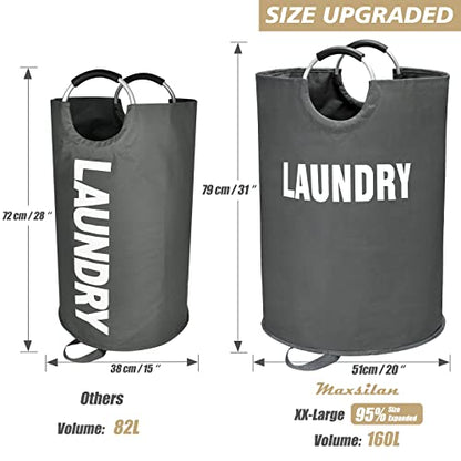 Maxsilan 160L XX-Large Laundry Basket Bag, Collapsible Hamper, Dark Grey - color: Dark Grey, size: 160L