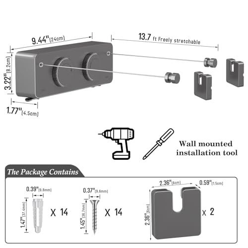 Danpoo Retractable Clothesline, Anti-Sag Adjustable Knob Heavy-Duty Clothes Line for Indoors/Outdoors with 2 * 13.8ft Stainless Steel Wire, Laundry Wall Drying Solutions, Gray - style: Grey