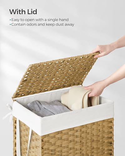 SONGMICS Laundry Hamper with Lid, 23.8 Gal (90 L) Synthetic Rattan,Foldable - color: Goose Yellow, size: 90 L
