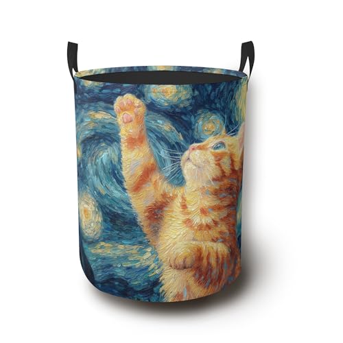 Cute Cat Laundry Hamper with Handles,Starry Night Moon Collapsible Waterproof Storage Basket for Dirty Clothes Books Round Organizer Bin for Bathroom Bedroom College Dorms 16" x 20.8" - color: Cute Cat Starry Night Moon