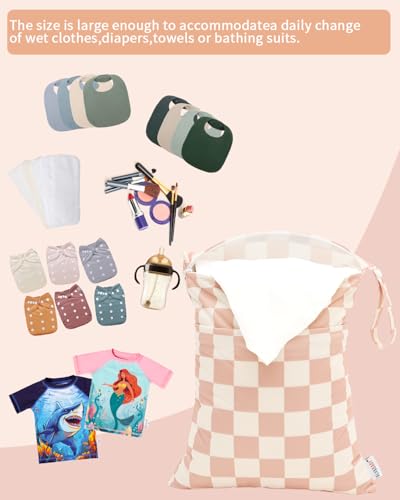 ALVABABY 3 Pack Wet Dry Bags for Cloth Diapers, Swimsuits & Gym Clothes, Waterproof Reusable Baby Diaper Bag with 2-Zippered Compartments, Hanging Strap, Machine Washable, Small/Medium/Large for Dayca - color: Beige grid