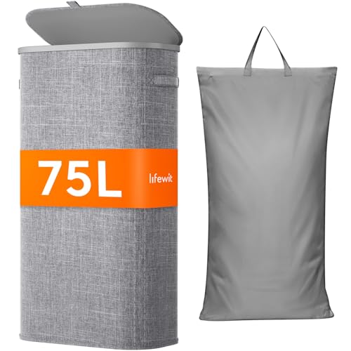 Lifewit Slim Laundry Basket with Lid and Removable Bag, 75L, Gray - color: Gray, size: 75L