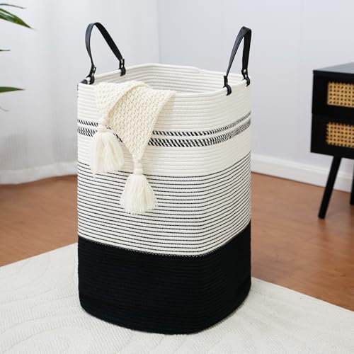 danpinera 100L Nursery Hamper, Tall Woven Laundry Basket with Long Leather Handles, Boho Laundry Hamper for Living Room & Bedroom, Eco-friendly & Convenient Decorative Storage Basket, White & Black - color: White & Black, size: 100L Square