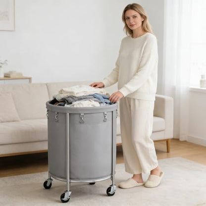 ELYKEN Laundry Basket with Wheels, Round Rolling Laundry Hamper, Gray - color: Gray, size: 190L