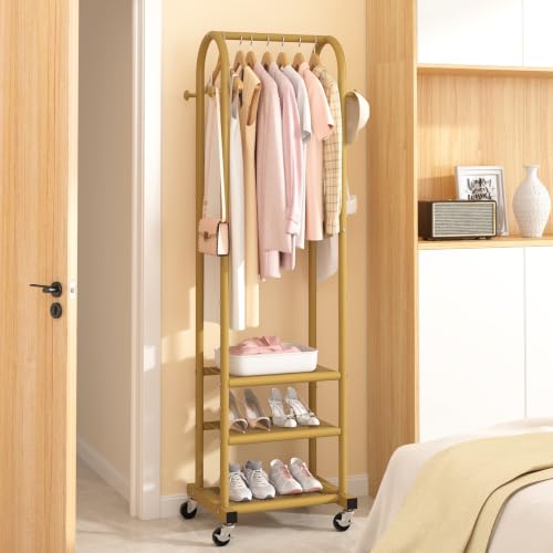 Kaitiemoo Clothing Rack, Mobile Garment Rack with Wheels & 3 Shelves, Gold - color: Gold