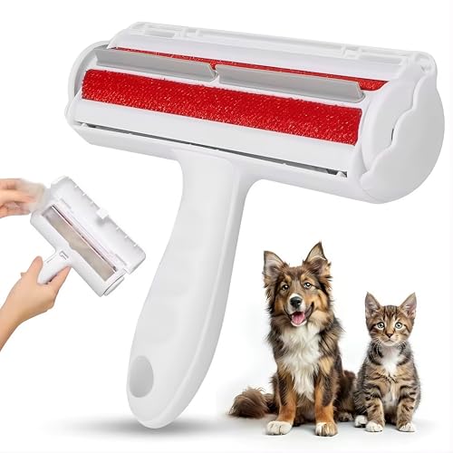 Reusable Pet Hair Remover Roller – Dog & Cat Fur Lint Cleaner for Sofa, Carpet, Bed & Car Seats – No Adhesive Required (White/Red) - color: White/Red