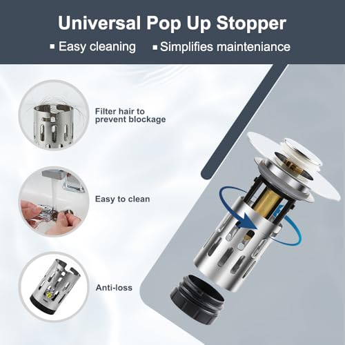 ZM Bathroom Sink Stopper, 3-in-1 Pop Up Drain Plug with Stainless Steel Hair Catcher, Sink Drain Strainer for 1.1–1.45 Inch Drain Holes, Tool-Free Installation, Chrome