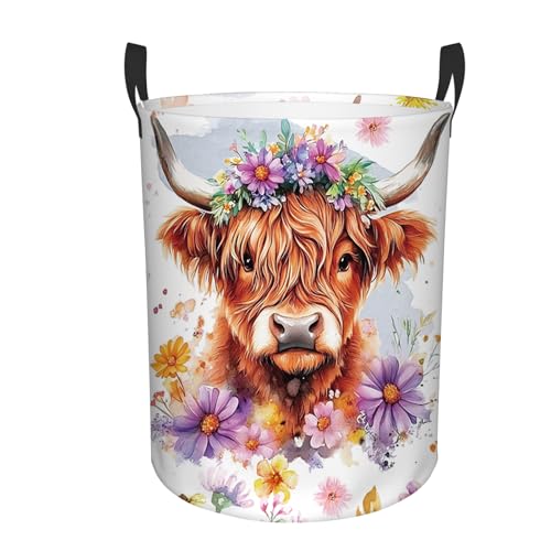 Highland Cow Laundry Basket, 43L 13.8x17.7in Round Oxford Laundry Hamper - color: Flower Highland Cattle