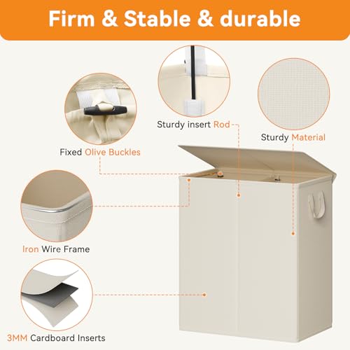 Chrislley Double Laundry Hamper with Lid, 140L Laundry Basket 2 Section - color: Beige, size: 140l(24.0"l X 14.2"w X 25.2"h)