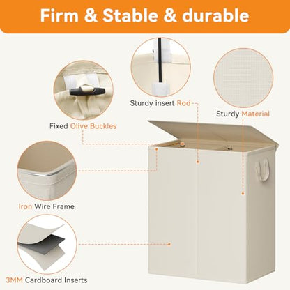 Chrislley Double Laundry Hamper with Lid, 140L Laundry Basket 2 Section - color: Beige, size: 140l(24.0"l X 14.2"w X 25.2"h)
