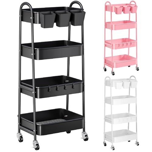 Black 4 Tier Rolling Cart Metal with Lockable Wheels, Four Tiered,38in Tall - color: Matte Black, size: 4 tier