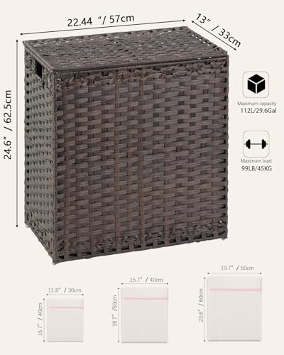 SETVSON Laundry Hamper with Lid Wicker Laundry Basket 112L PE, Brown - color: Brown, size: 29.6 Gal