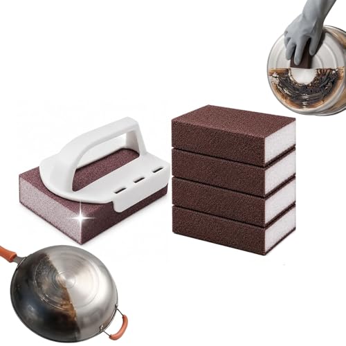 2026 Magic Nano Emery Cleaning Sponge - Carborundum Sponge Brush Eraser & Scrub Pad, Heavy Duty Pot Scrubber for Stains, Pack（5 with Handle）