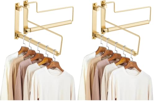 NEWRAIN Clothes Drying Rack, Laundry Racks for Drying Clothes, Wall Mounted Swing Arm Clothes Hanger for Laundry Room, Garage, Indoor & Outdoor Use,Brushed Gold (Pack of 2) - color: Brushed Gold, size: Trapezoid (Pack of 2)