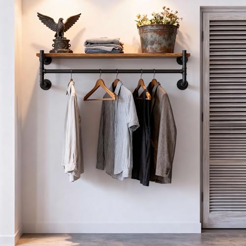 WEBI Wall Mounted Clothes Rack with Shelf,36" Industrial Pipe Clothing Rack with Shelf with Hanging Rod,Heavy Duty Iron Garment Rack Bar,Retail Display Clothes Rod for Laundry Room,Closet,Black - color: Black, size: 36 Inch