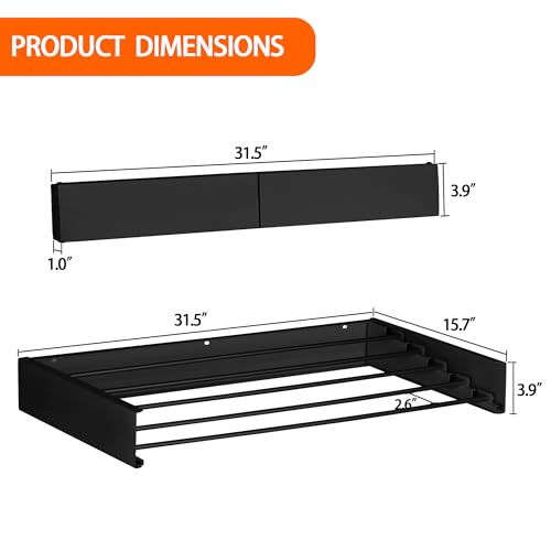 FOCHIER F Laundry Drying Rack Wall Mounted Clothes Drying Rack Collapsible with 5 Aluminum Rods and Drilling Template Long Screwdriver Bit 60 lbs Capacity (Black, 31.5") - color: Black, size: 31.5"