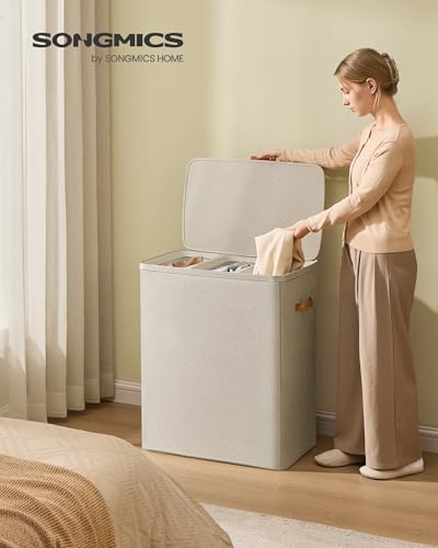 SONGMICS Laundry Basket, 190L Laundry Hamper with Lid, 3 Removable Bags - color: Cappuccino Beige, size: 190 L (3-Section)
