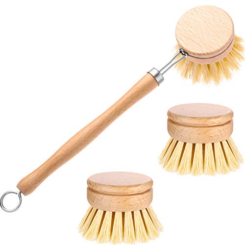Boao 3 Pack Dish Brush with Beechwood Handle with Replacement Heads
