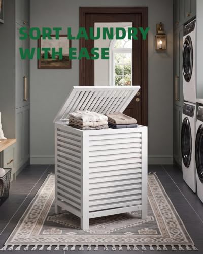 SMIBUY Double Laundry Hamper with Lid, 120L Bamboo Laundry Basket with Removable Liner Bag, 2-Section Clothes Divider Laundry Sorter for Laundry Room, Bathroom, Bedroom (White) - color: White