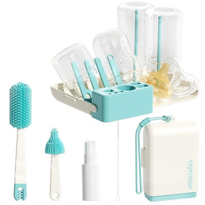 Aynmer Baby Bottle Brush Cleaner Set - 10 In 1 Travel Bottle Cleaning Brush Kit with Silicone Bottle Brush, Nipple Brush, Soap Dispenser, Portable Drying Rack, Breast Pump & Bottle Cleaning Kit -Green - color: Lake Green