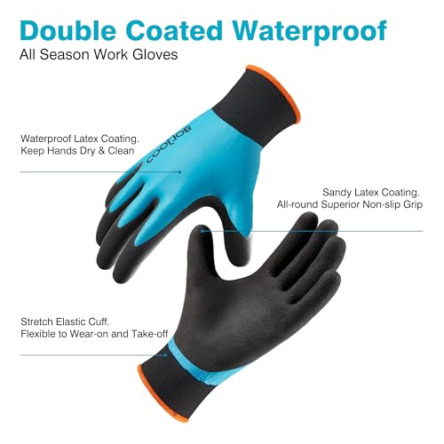 COOLJOB Waterproof Gardening Work Gloves with grip for Women & Men, Double Rubber Coated for Garden Yard Outdoor Construction Worker, Blue Large Size 2 Pairs - color: No Fleece/Blue, size: Large (Pack of 2)