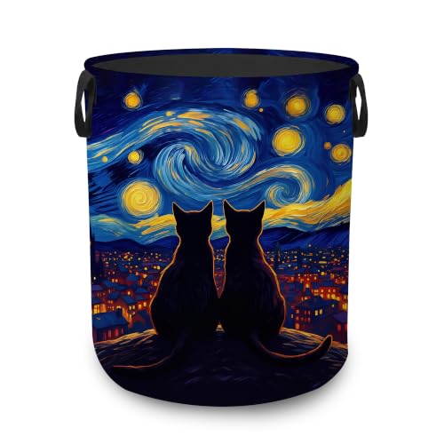 Laundry Basket,Black Cat Starry Night Foldable Clothes Hamper with Handles,City Sky Waterproof Oxford Cloth Storage Organizer for Bedroom Bathroom College Dorm,16" x 20" - color: Black Cat Starry Night,City Sky