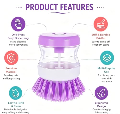 3Pcs Dish Brush with Soap Dispenser Soap Dispensing Brush Washing Utensils Kitchen Scrub for Cleaning Dishes Pot Pan Sink