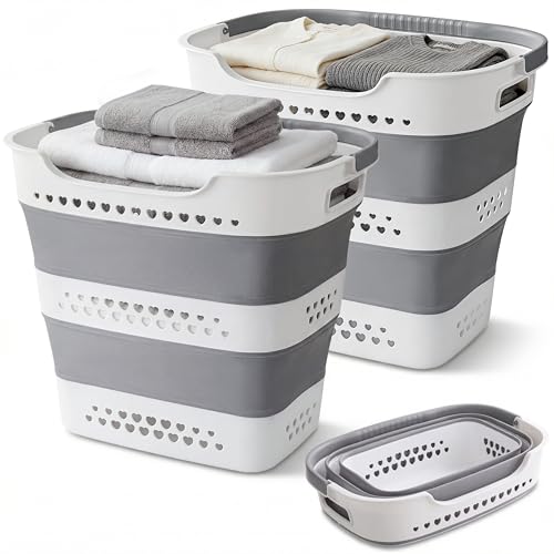 2 Pcs 42L Collapsible Laundry Baskets- Foldable Laundry Basket with Handles, Sturdy Plastic Pop Up Laundry Hamper, Space Saving Storage Container for Wet/Dry Use, Ideal for Home, Dorm, Apartment Grey - color: 2grey