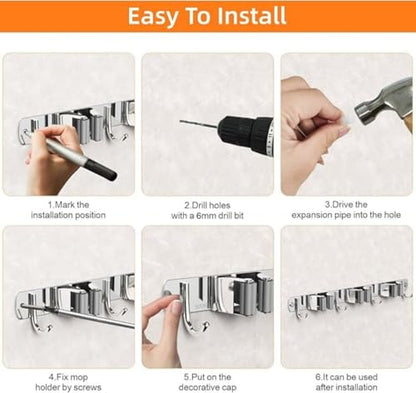 Mop and Broom Holder Wall Mount Metal Heavy Duty Stainless Steel Utility Hooks Mop Hanger Storage Rack Broom Organizer 2 Racks with 3 Hooks Garden Tool