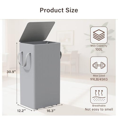 Criusia Laundry Hamper with Lid and Foot Pedal, 100L Fabric Laundry Basket with Removable Mesh Bag, Slim Foldable Design for Bathroom and Laundry Room (Gery)