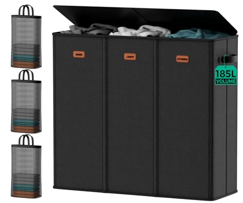 185L Laundry Hamper 3 Section with Lid & Removable Bags - color: Black, size: 185L - 3 Section