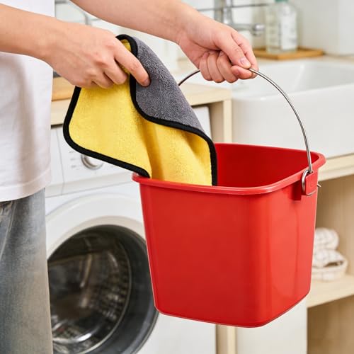 6 Packs 3 Quart Plastic Square Bucket with Handle, Heavy Duty Utility Bucket for Cleaning, Storage, Commercial and Household Use, Includes 6 Pack Cleaning Cloths