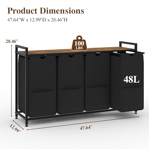 47-Inch Wide Laundry Sorter, 4 Section Hamper Basket Organizer - size: 4 Bags-194L / Rustic Brown + Black