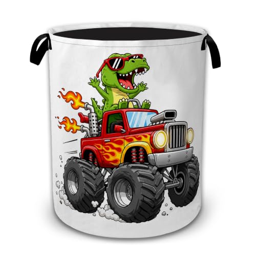 Dinosaur Truck Laundry Basket with Handles, Foldable Tall Oxford Clothes Hamper, Lightweight Water-Resistant Storage Bin for Bedroom Bathroom College Dorm, 16 x 20.8 Inch - color: Dinosaur Truck
