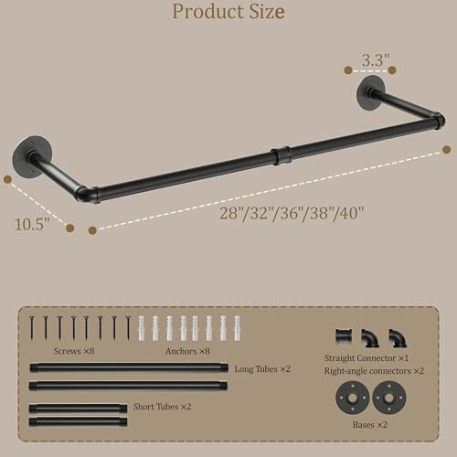 Wall Mounted Clothes Rack 36 Inch, Industrial Pipe Clothing Hanger Black, Heavy Duty Wall Mount Closet Rod for Bedroom, Entryway, Laundry Drying Rack, Retail Display Clothes Rod - color: Black, size: 36 Inch