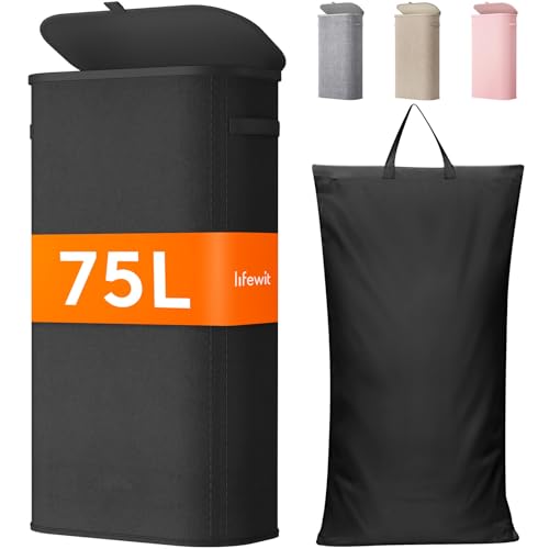 Lifewit Slim Laundry Basket with Lid and Removable Bag, 75L, Black - color: Black, size: 75L
