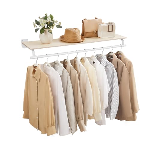 SONGMICS Wall Mounted Clothes Rack with Top Shelf, Hanging Rod - color: Rustic Brown + Ink Black