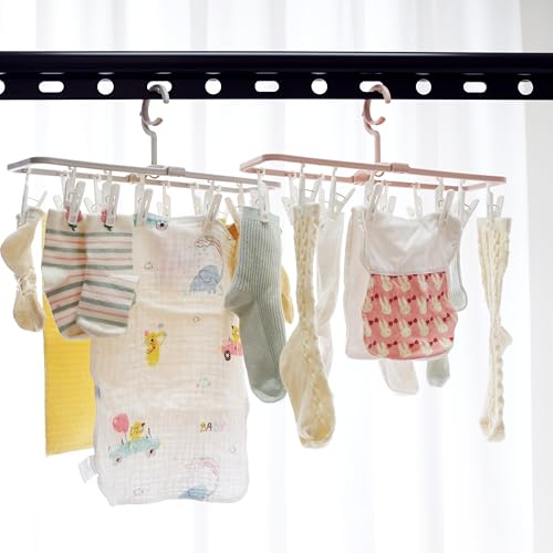 Clothes Drying Racks 2 Pack Small Folding Portable Hangers with 12 Clips - color: Gray,light Pink-2 Pack