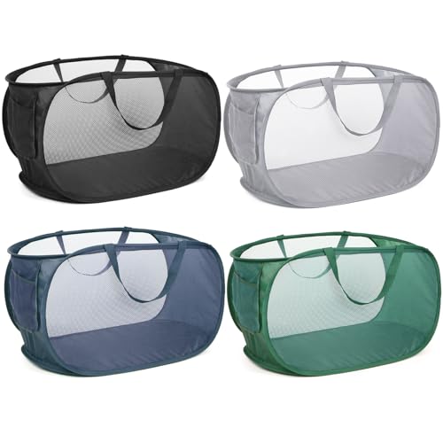 4 Pack Durable Collapsible Laundry Baskets, Mesh Foldable Laundry Basket, Pop Up Laundry Hamper with Pocket, Clothes Hamper with Reinforced Handles for Laundry, Bathroom, Kids Room, Dorm or Travel - color: 4 x Gray+Black+Navy+Green