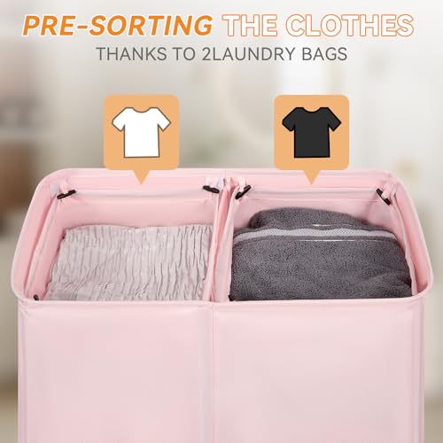 Chrislley Double Laundry Hamper with Lid, 140L Laundry Basket 2 Section - color: Pink, size: 140l(24.0"l X 14.2"w X 25.2"h)