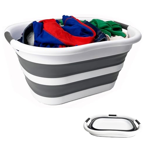 SAMMART 40L (10.5 gallon) Plastic Foldable Laundry Basket/Tub - Collapsible, Space Saving and Portable Laundry Hamper, Ideal for Home, Travel, Dorm, and Camping (1, White/Steel Gray) - color: White/Steel Gray