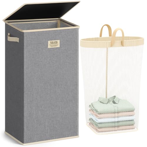 SOLEDI 100L Laundry Hamper with Lid, Large Collapsible Laundry Basket - color: Light Grey, size: 100L