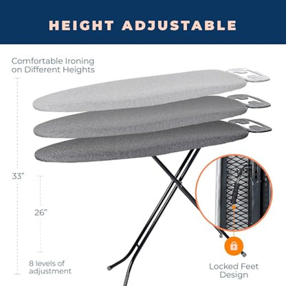 Ironing Board with Iron Rest, Iron Board with 3 Layers Extra Thick Cover, Compact and Space Saver Foldable Ironing Board, Adjustable Height, Easy Storage with Smart Hanger and Lightweight Design - color: Dark Gray, size: 13"x43"