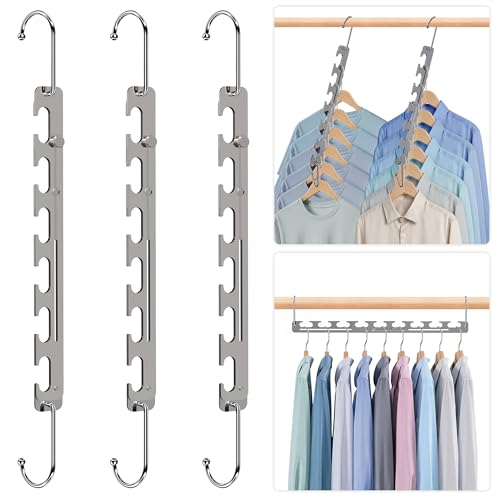 3 Pack Space Saving Hangers for Clothes, 6 to 9 Holes Expandable Heavy Duty Metal Hangers 80 Lbs Capacity, Magic Smart Hanger Closet Space Saver, Closet Organizers and Storage