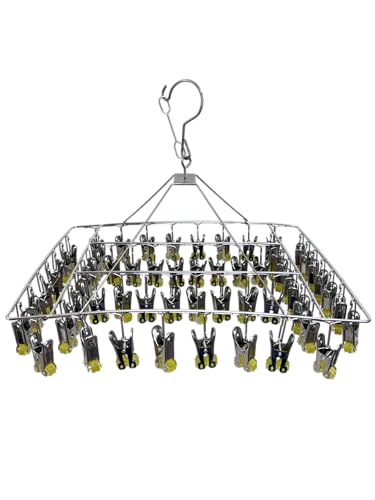 Quick Release Stainless Steel Laundry Drying Rack with Clips, Swivel Hook Wind-Proof Clothes Hanger Rack for Sock, Bras, Underwear, Laundry (Rectangle 60 Clips) - size: Rectangle 60 CLIPS
